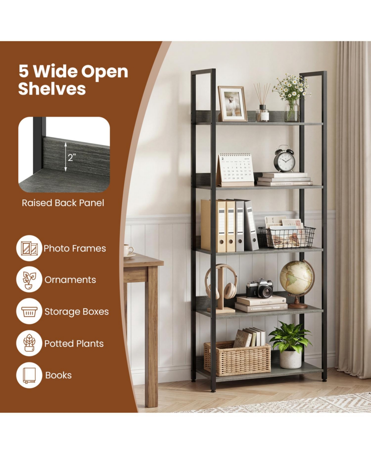 Slickblue Modern 5-Tier Wooden Bookshelf with Open Shelves and Back