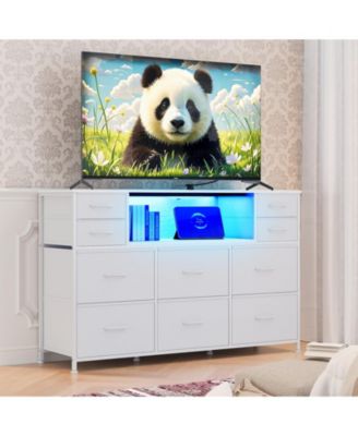 TV Stand 10 Dresser for 40-55 Inch TVs, 47 Inch Fabric Storage Cabinet with Led Lights and Charging Station for Bedroom Living Room Entryway