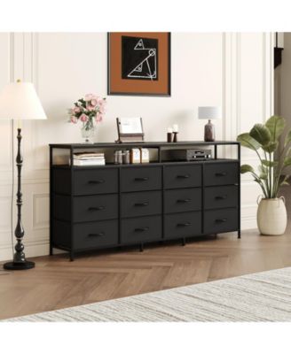 63-Inch Fabric Long Dresser with 12 Drawers - TV Stand Fits Up to 70 Inch TV - Modern Storage Cabinet with Open Shelf
