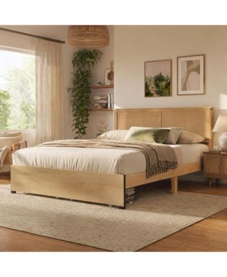 Boho Rattan Headboard Platform Bed With Storage Drawers, Wood Frame, Metal Slat Support, No Box Spring Needed, Easy Assembly