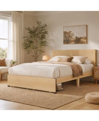 Boho Rattan Headboard Platform Bed With Storage Drawers, Wood Frame, Metal Slat Support, No Box Spring Needed, Easy Assembly