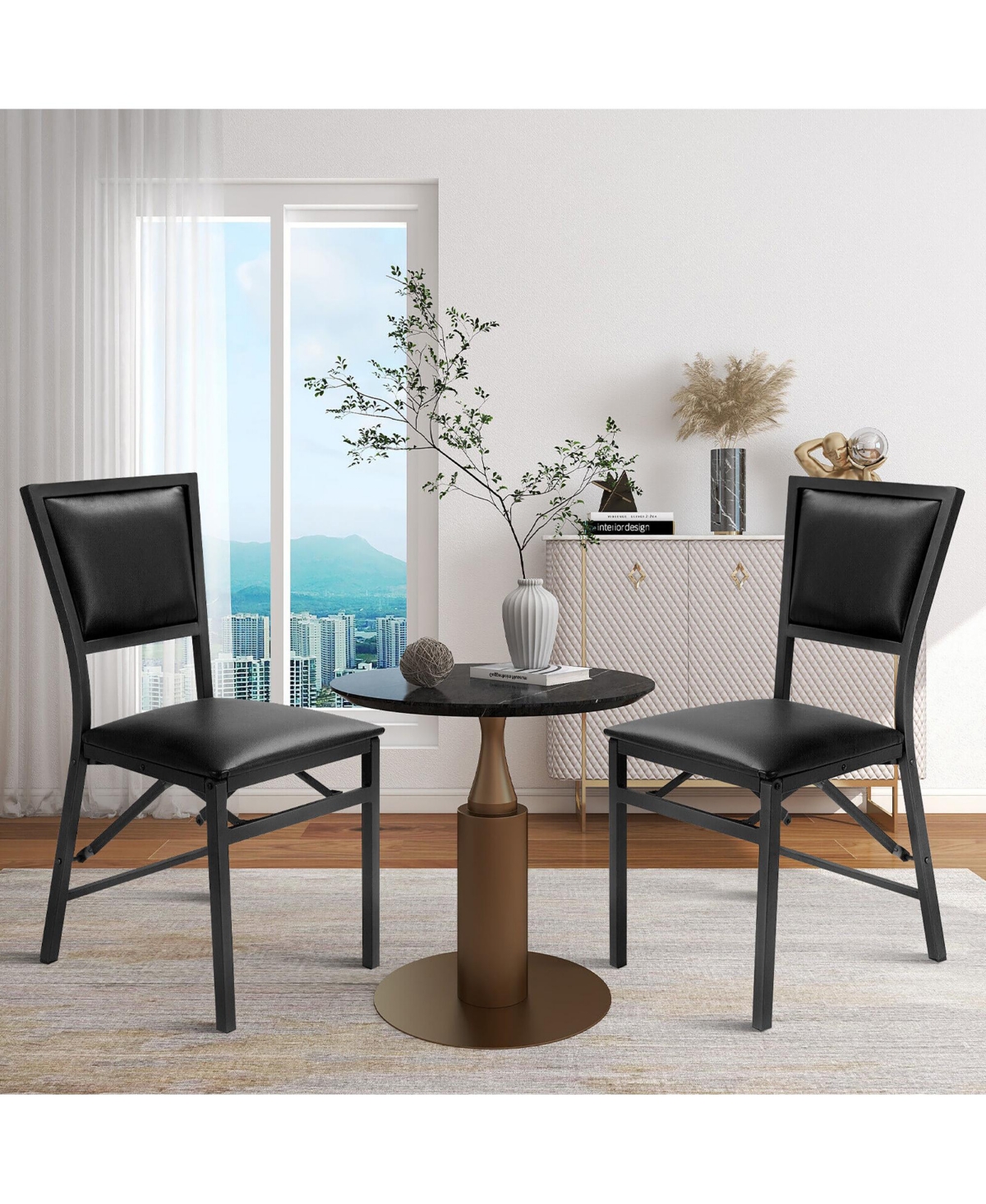 Gymax Set of 4 Steel Folding Chair Pu Upholstered Counter Height Side Chairs with High Backrest