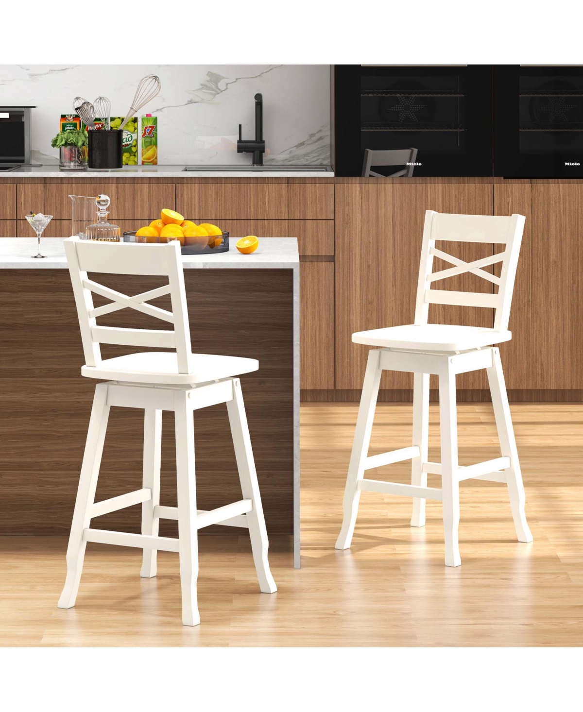 Gymax 4 Pieces 24 Inch Rubber Wood Counter Height Stool Swivel Bar Stool Inclined Backrest