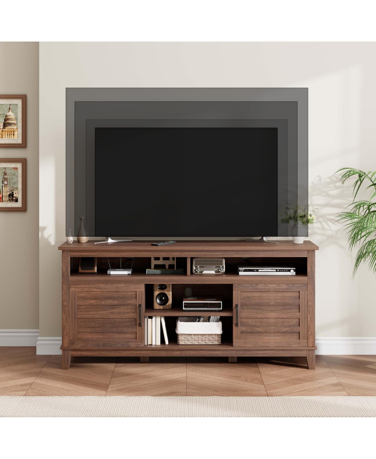 homfan Tv Stand for 63 Inch, Entertainment Center with Adjustable Shelves, Farmhouse Cabinet Doors ,for Living Room, Bedroom