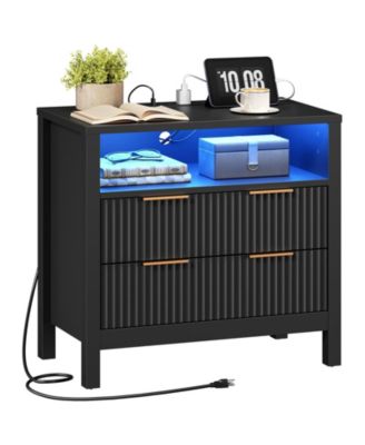 Wooden Bedside Table with Charging Station, LED Lights and Shelf