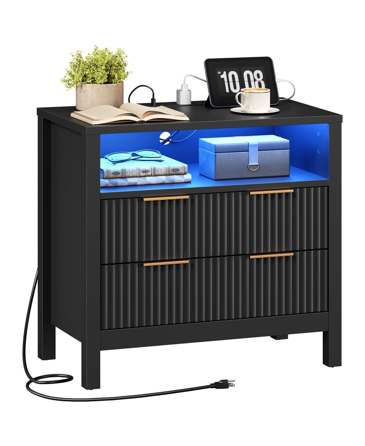 Slickblue Wooden Bedside Table with Charging Station, Led Lights and Shelf