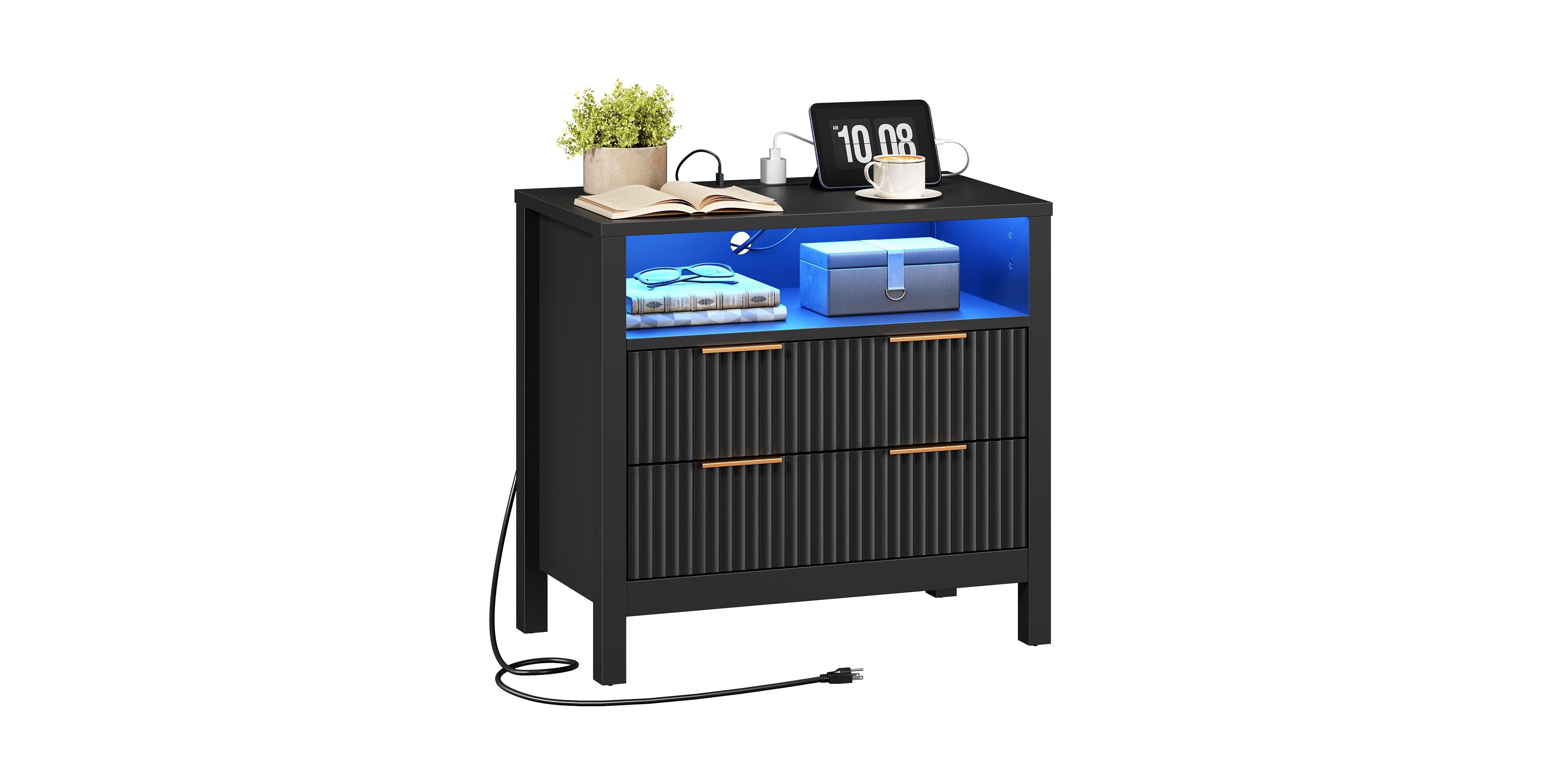 Slickblue Wooden Bedside Table with Charging Station, Led Lights and Shelf