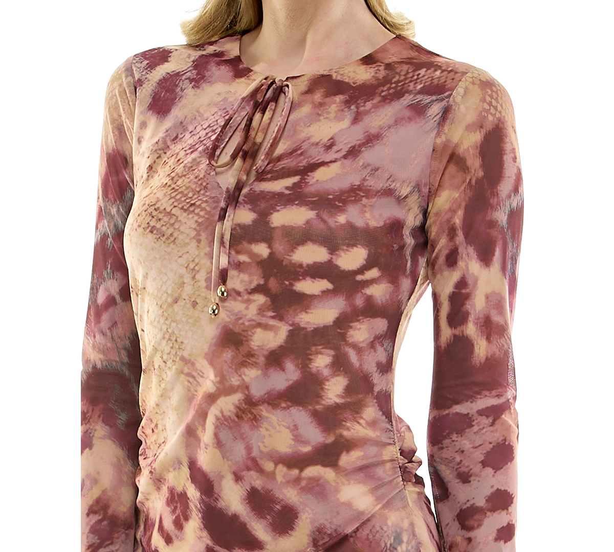 Rare Juniors' Mesh Animal Print Crewneck Tie-Front Mini Dress