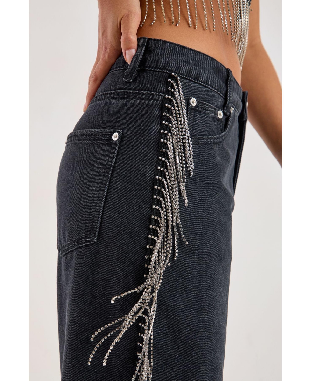 Nasty Gal Women's Denim Diamonte Tassel Straight Leg Jeans