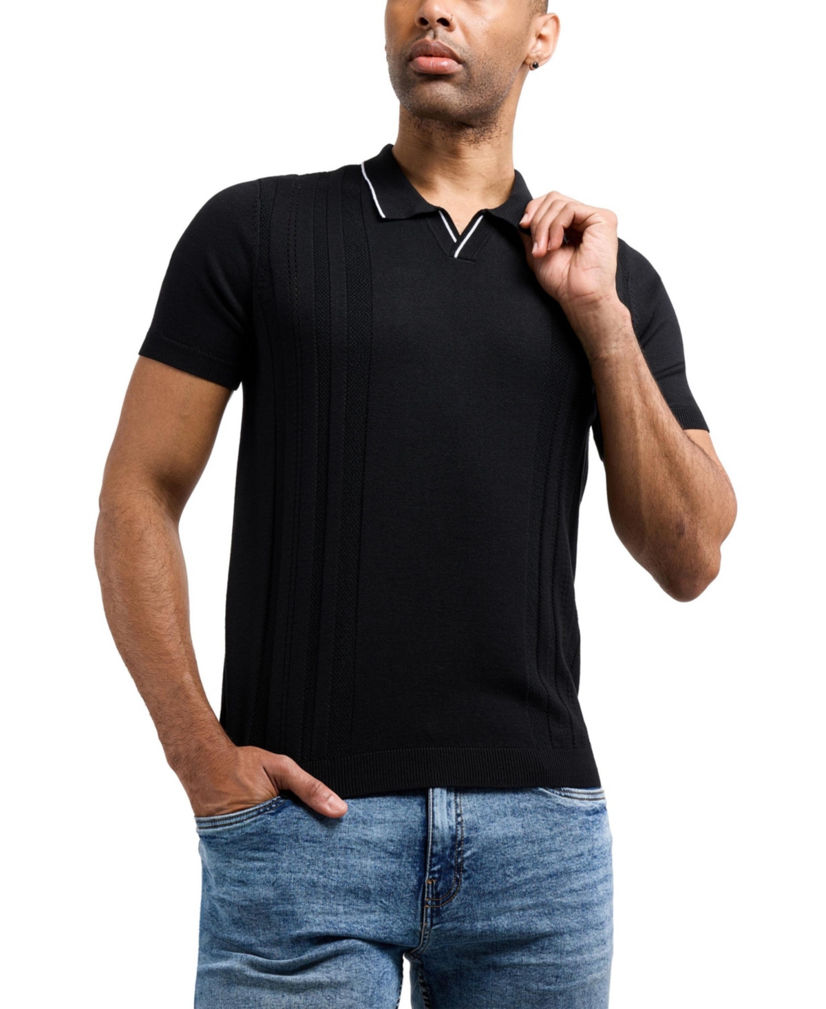 Xray Men's Johnny Collar Textured Stripe Sweater Polo