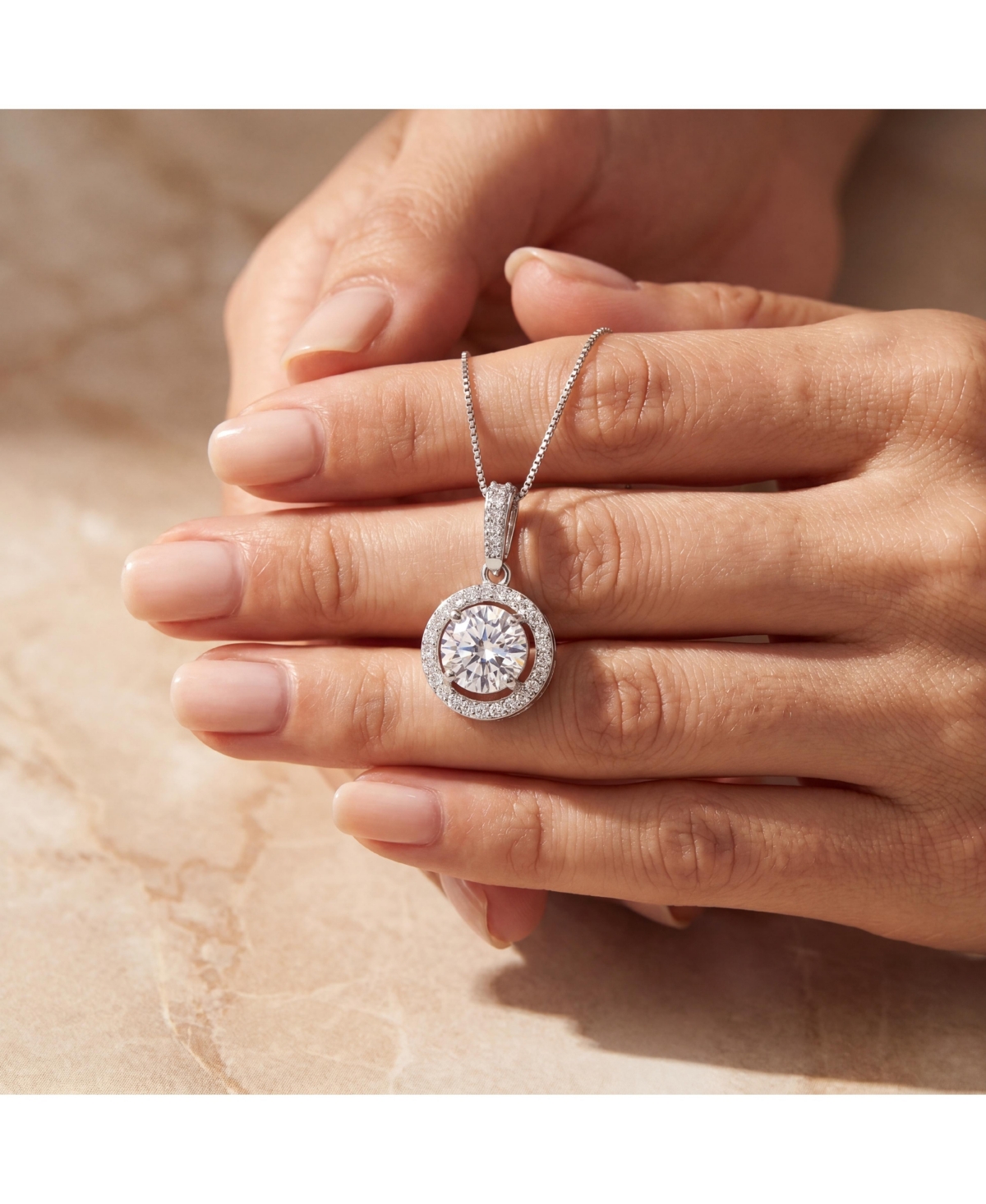 White Gold Plated with Cubic Zirconia Small Round Solitaire Pendant Necklace