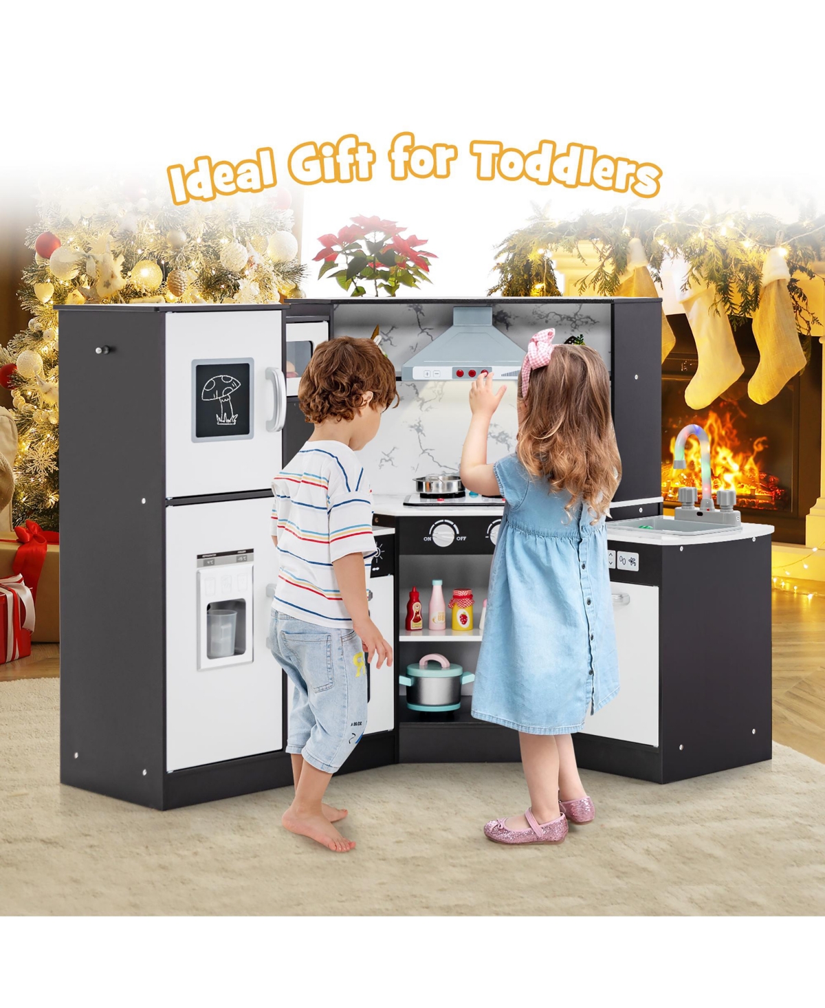 Gymax Kids Corner Kitchen Playset Wooden Pretend Play Toy with Microwave White