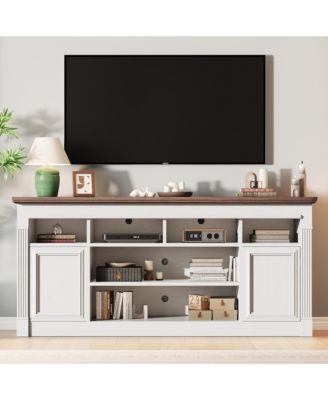68" Farmhouse TV Stand for TV Up to 75", Entertainment Center Console Table with Open Storage Shelves and Cabinets (No Fireplace)