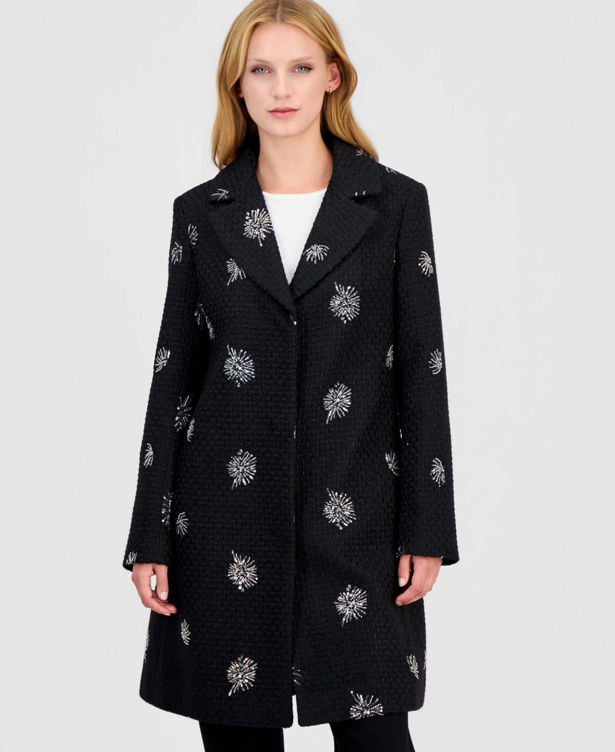 Cece Women's Boucle-sequin Mid-length Coat In Black