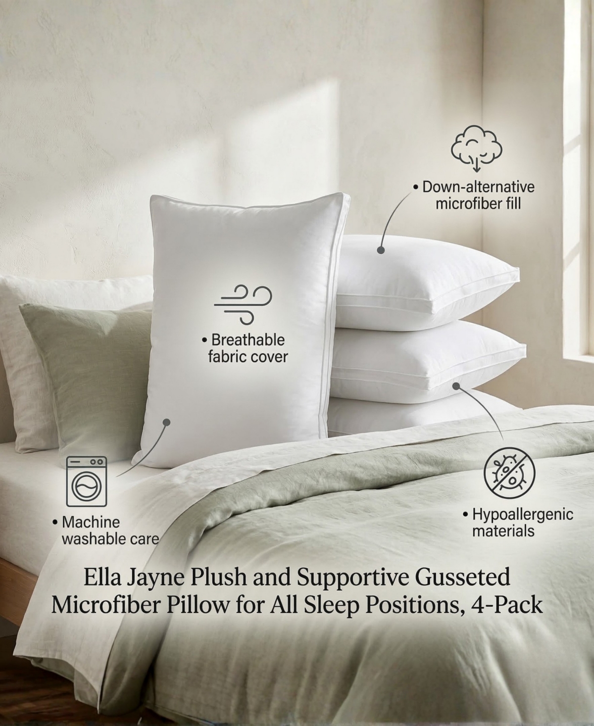 Ella Jayne Plush and Supportive Gusseted 4-Pack Pillow