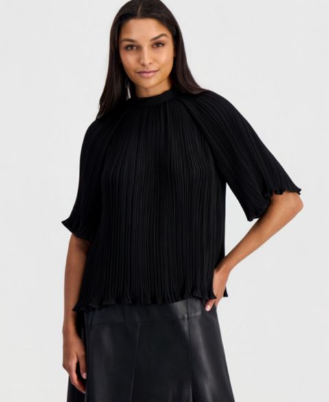 Женская блузка T Tahari Elbow-Sleeve Pleated Blouse, цвет: Чёрный