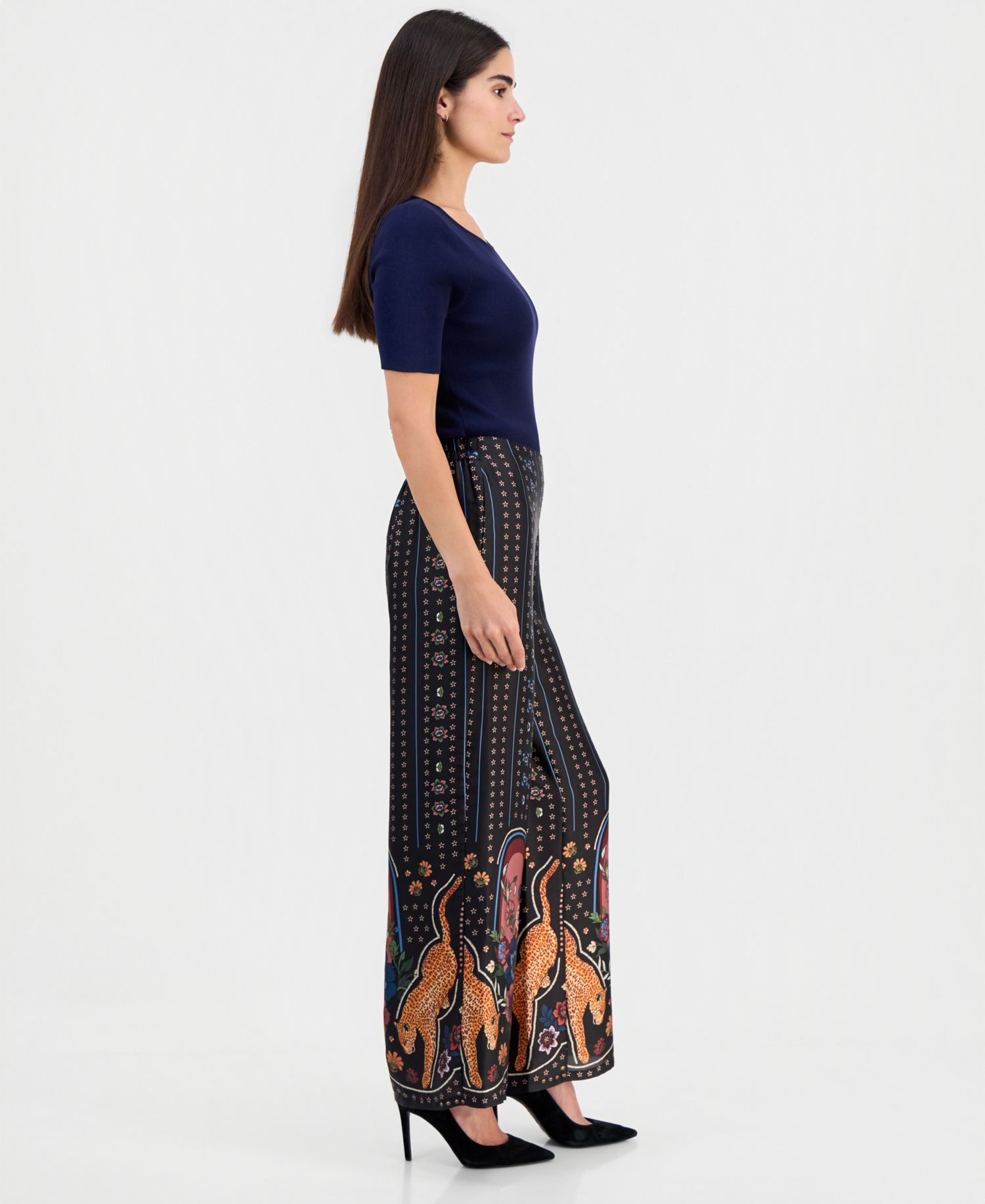 Women's Placed-Print Pull-On Wide-Leg Pants