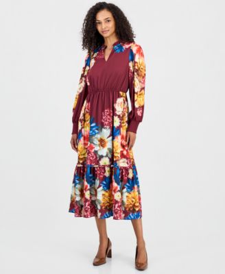 Women's Floral Long-Sleeve A-Line Midi Dress