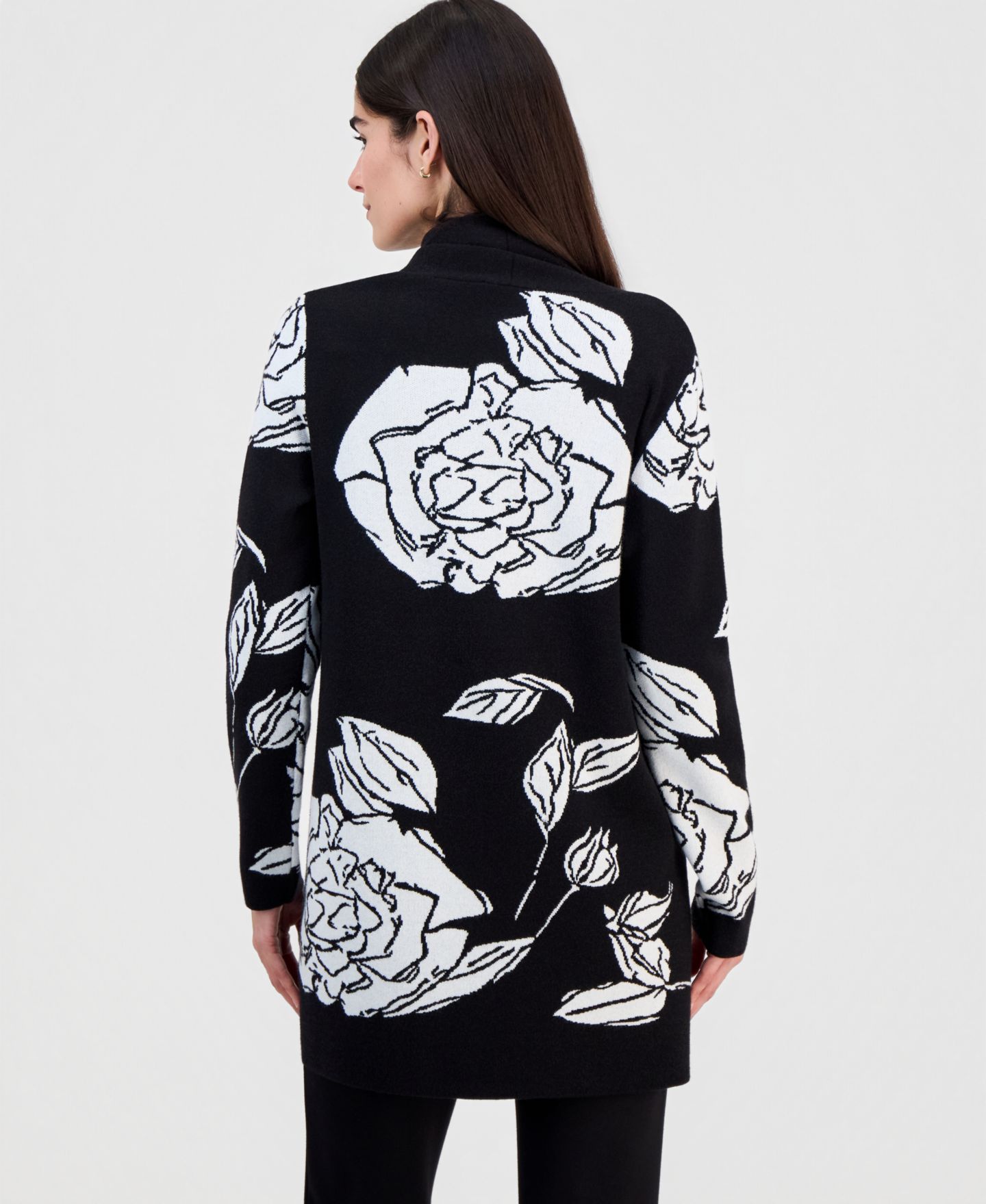 Женский кардиган T Tahari Floral-Jacquard Open-Front, цвет: Чёрный / Слоновая кость — фото 3