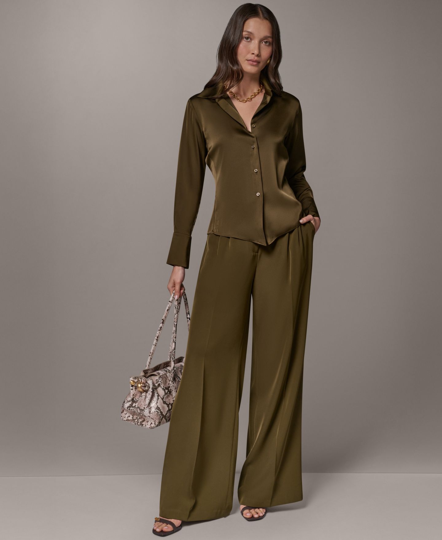 Женская блузка Donna Karan New York Petite Collared Button-Up Blouse, цвет: Оливковый — фото 6