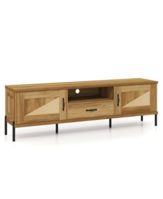 Mid-Century Modern Rattan TV Stand with 2 Storage Cabinets