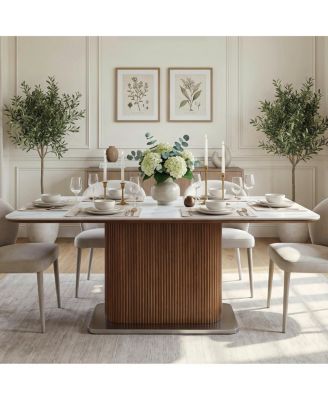Modern 63" Rectangular Sintered Stone Dining Table with Solid Wood Fluted Base, Seats 4-6 People for Kitchen and Dining Room