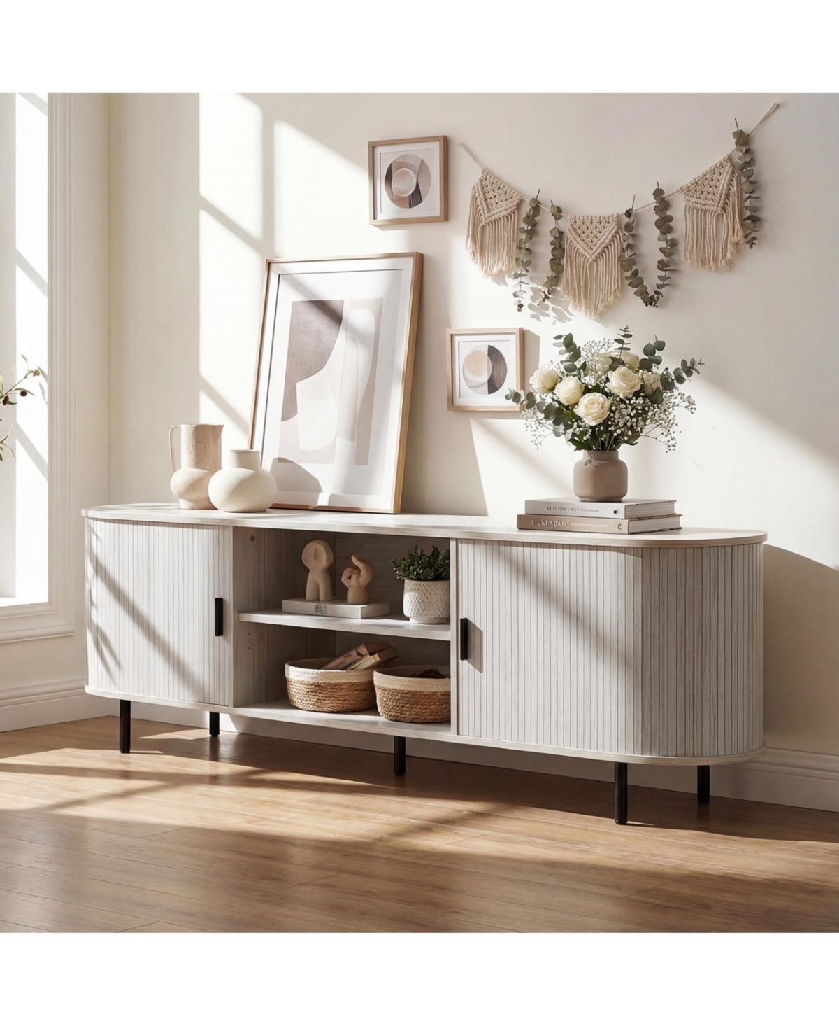 Slickblue Modern Tv Stand with Fluted Sliding Doors Mid-Century Style
