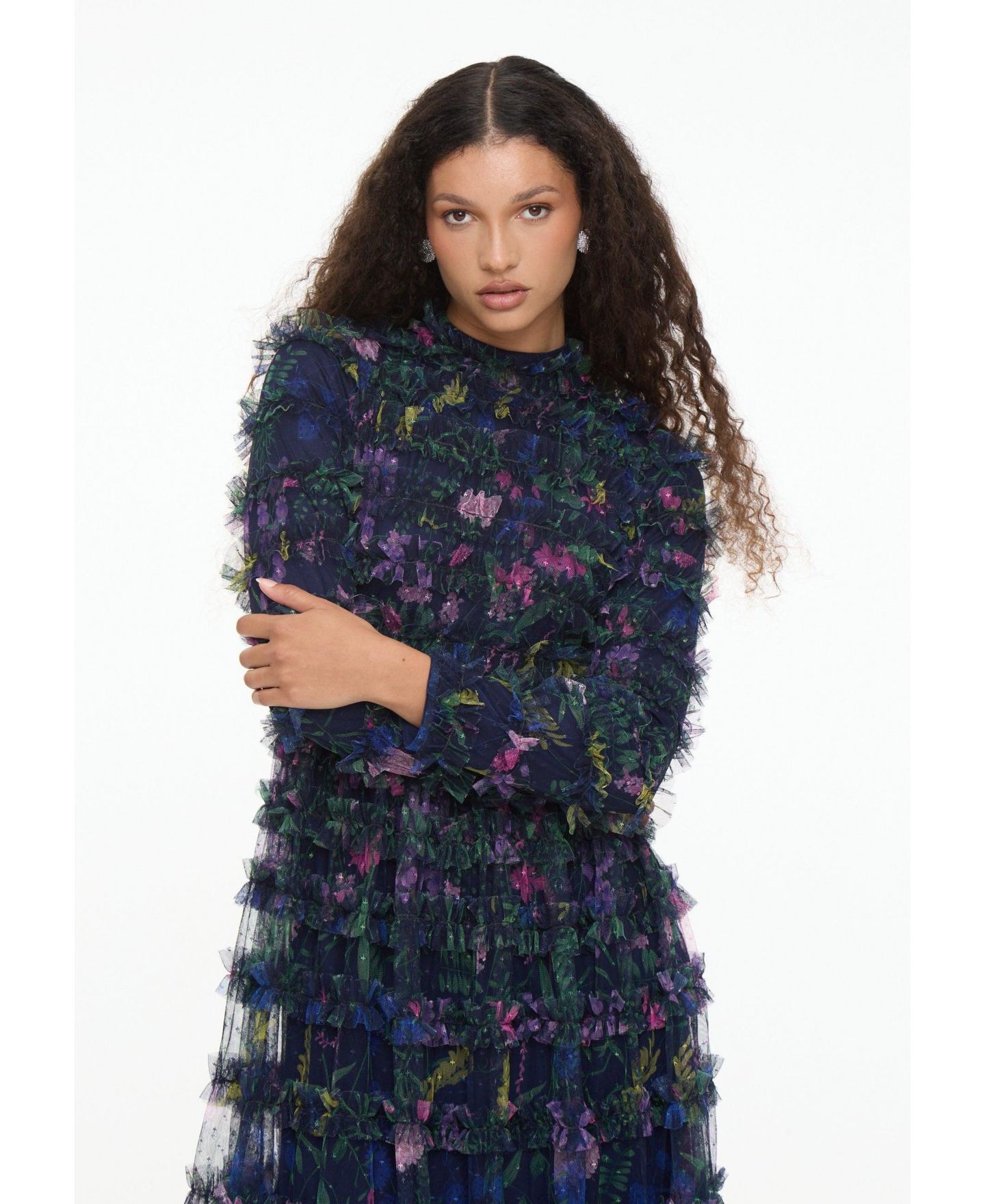 Женское платье Maryisa Modest Floral Ruffle High Neck Maxi, цвет: Ночной синий — фото 2