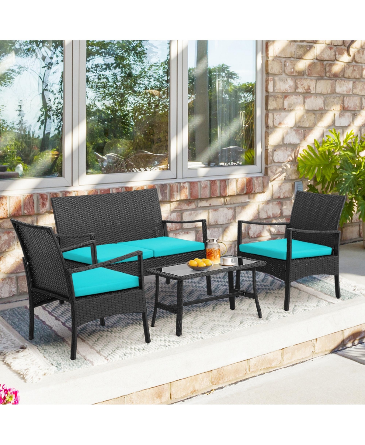 Costway 4Piece Patio Wicker Furniture Set Cushioned Chairs and Loveseat with Coffee Table Garden