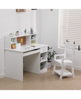 Kids Desk and Chair Set, 37 Inch Wooden Study Table with Storage Shelf and Bulletin Board for Childrens Room