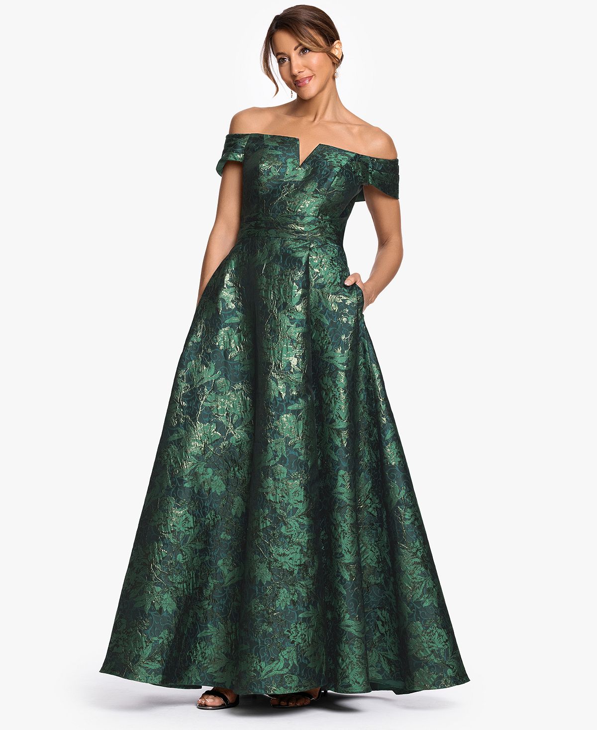 XSCAPE Women's Off-The-Shoulder Brocade Print Ball Gown view 2 — MAYCSS fashion products