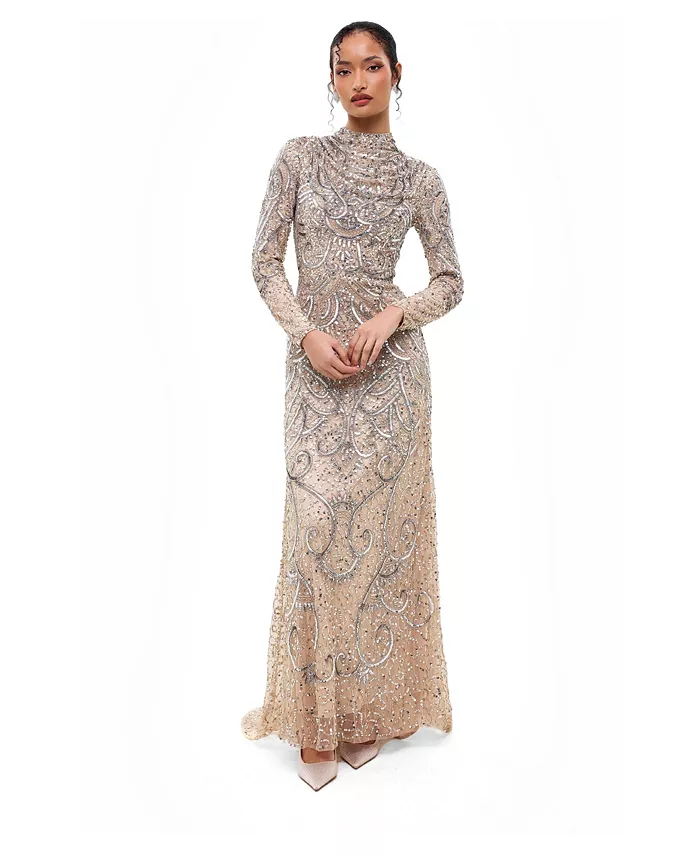 Women's Modest Cowl Embellished Sequins Maxi Dress