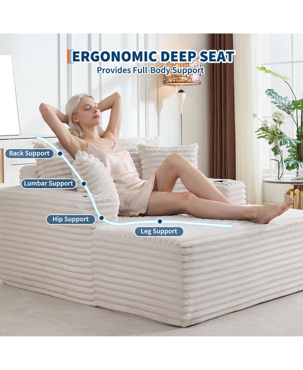 gaomon 64-inch Oversized Corduroy Frameless Sofa Bed, Cloud Sofa with Cup Holders and Throw Pillows, Perfect for Apartments, Living Rooms and Bedrooms