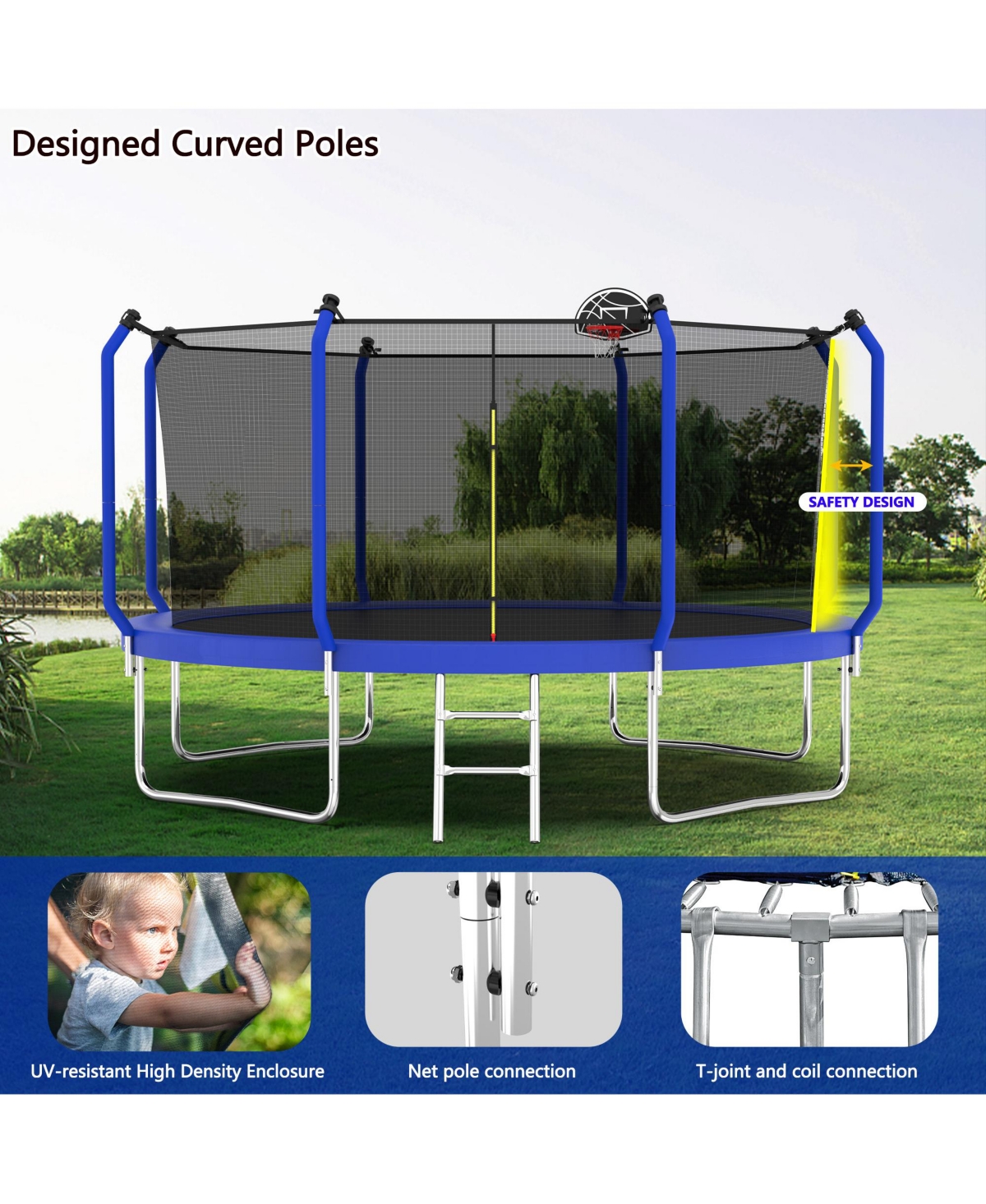Zeny Trampoline with Basketball Hoop, Astm Approved Reinforced Type Outdoor Trampoline with Enclosure Net