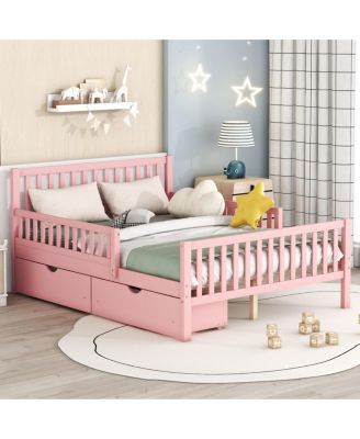 Simple Wood Platform Bed with Guardrails on Both Sides and Two Storage Drawers