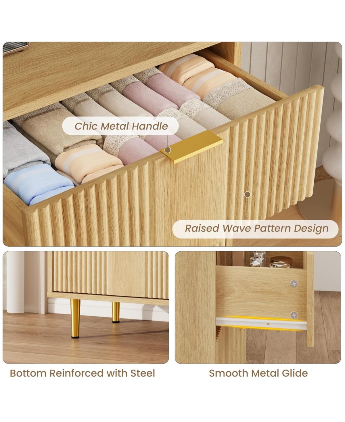 gaomon 5 Drawer Wooden Fluted Tall Dresser with Metal Handles