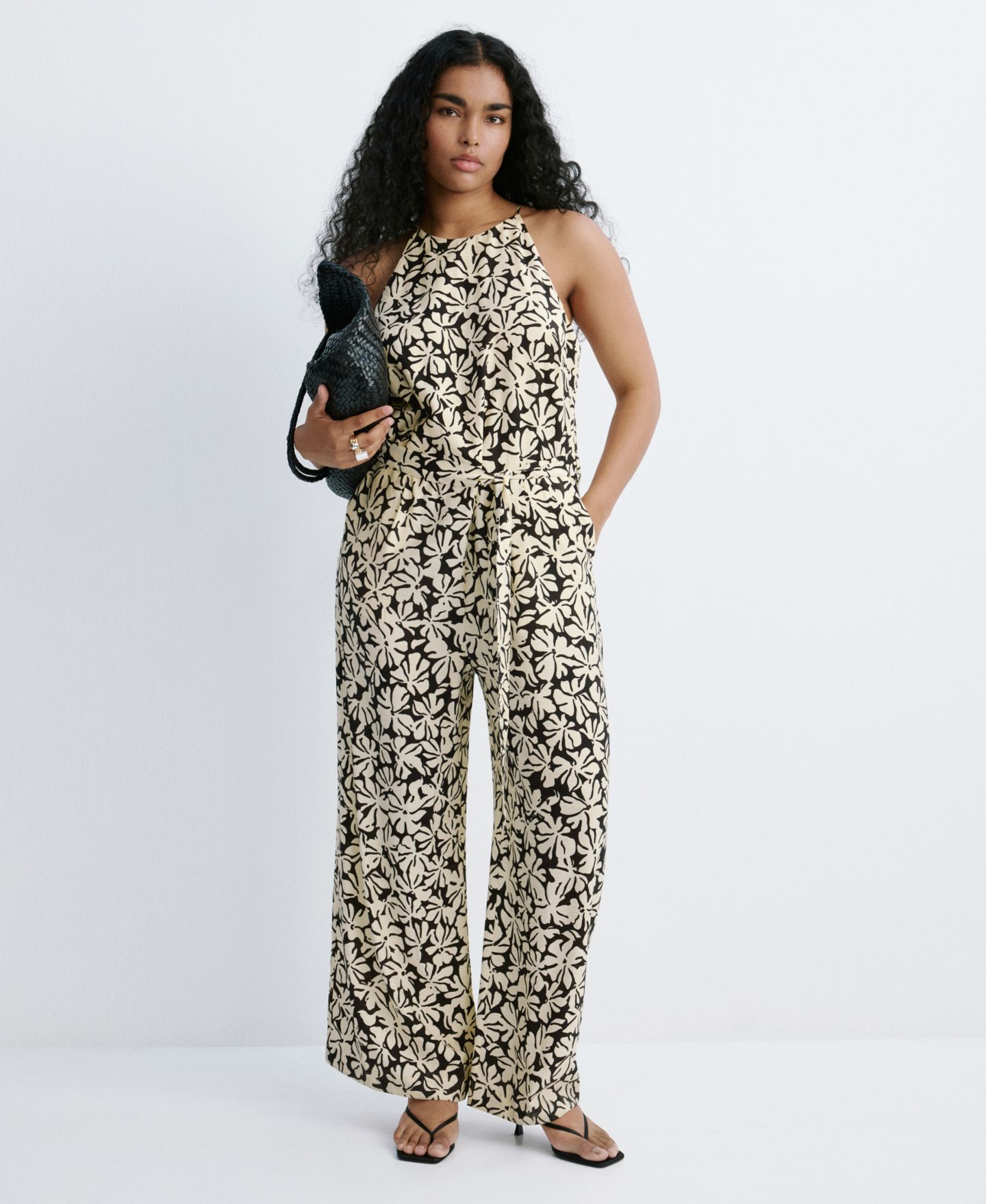 Женский комбинезон MANGO Belted Floral-Printed Jumpsuit, цвет: Чёрный — фото 5