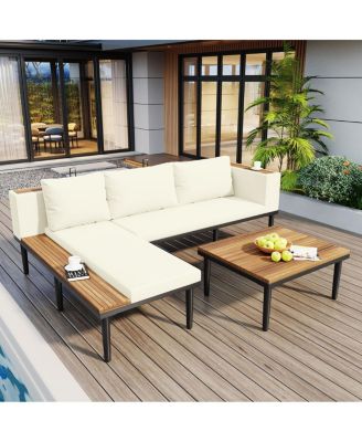 L-Shaped Outdoor Sectional Sofa Set with Coffee Table and Cushions-Asagikoiai