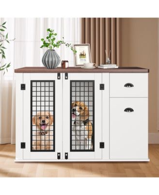 Crate Furniture, 111 Inch Wooden Indoor Kennel End Table with Drawers and Side Cabinet for Medium Dogs