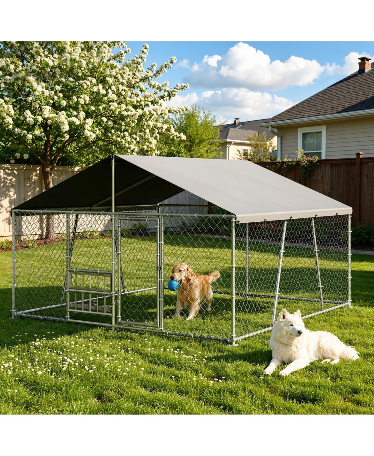 homfan Spacious Heavy Duty Dog Kennel, Secure Metal Pet Crate with Lockable Door, Weather Protection Roof, for Large Dogs