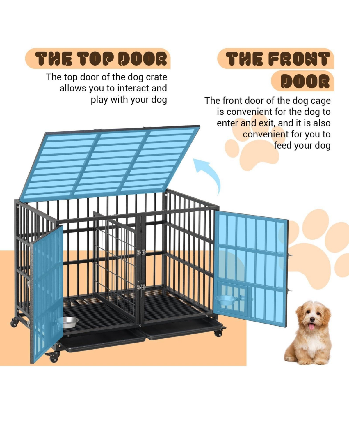 homfan Dog Crate Heavy Duty Metal Dog Cage with Flexible Divider 2 Doors 2 Feeding Bowls, and Removable Tray for Small Medium Large Pets
