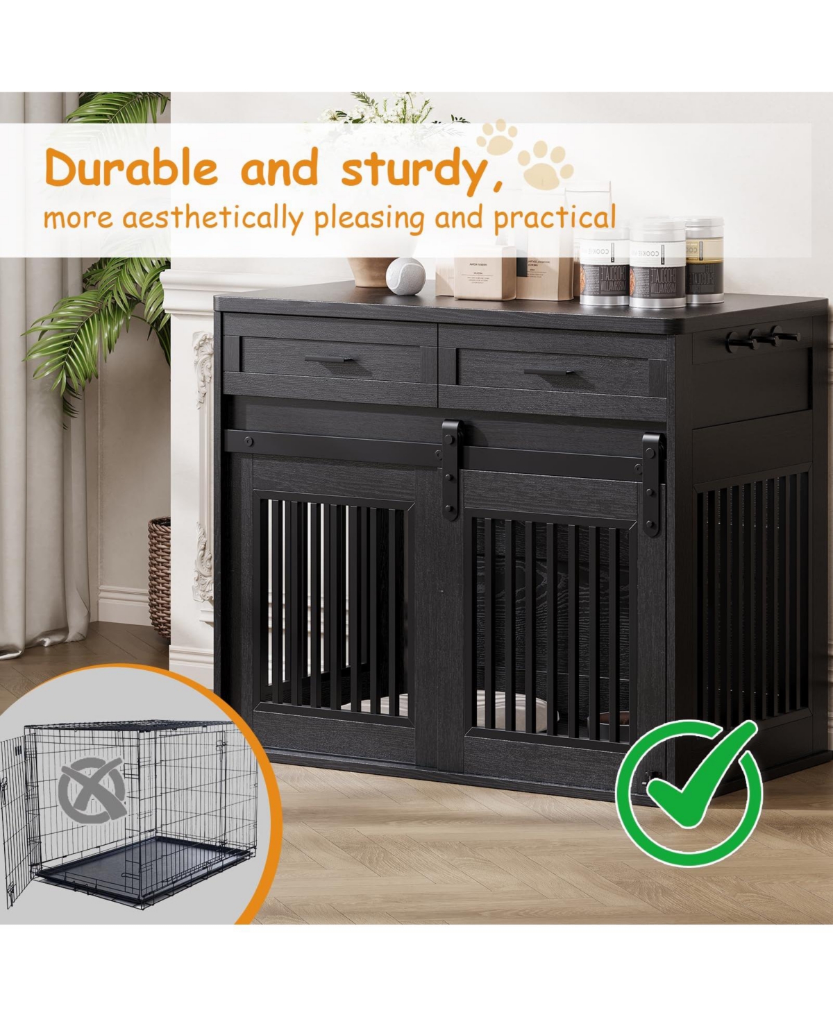 homfan Dog Crate Furniture Wooden Heavy Duty Indoor Kennel, Storage Drawers