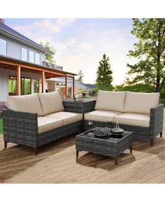 4-Piece All-Weather PE Rattan Sectional Furniture Set with Loveseat Sofa, Coffee Table with Storage-Ideal for Backyard, Poolside