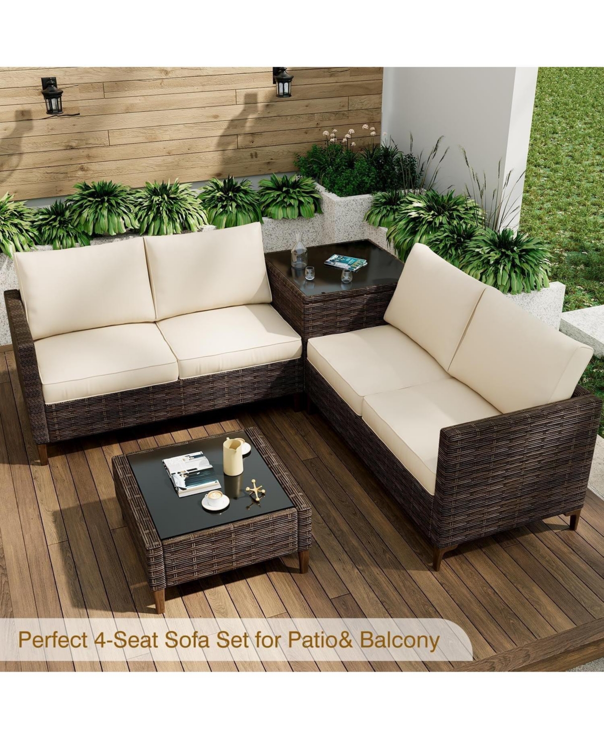 homfan 4-Piece All-Weather Pe Rattan Sectional Furniture Set with Loveseat Sofa, Coffee Table Storage-Ideal for Backyard, Poolside