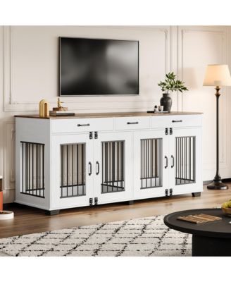 71" Large Wooden Dog Crate TV Stand for 2 Dogs, Indoor Furniture-Style Heavy Duty Kennel with Storage Drawers