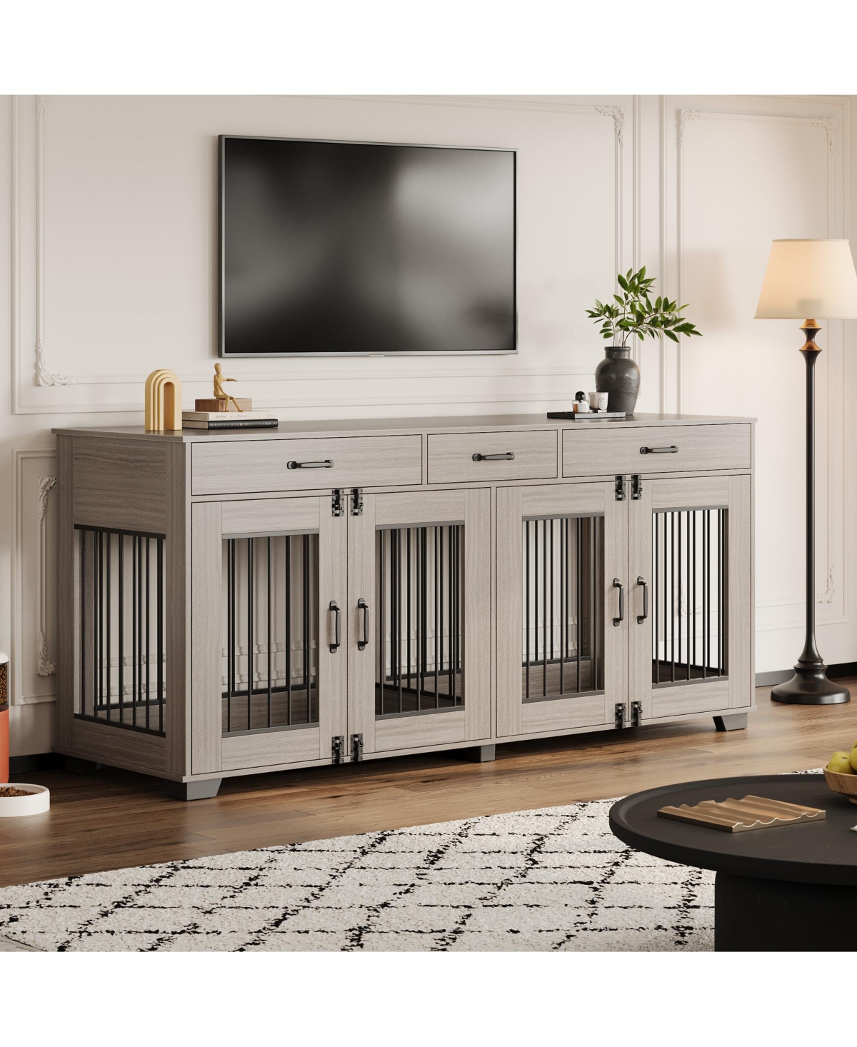 gaomon 71" Large Wooden Dog Crate Tv Stand for 2 Dogs, Indoor Furniture-Style Heavy Duty Kennel with Storage Drawers - Grey