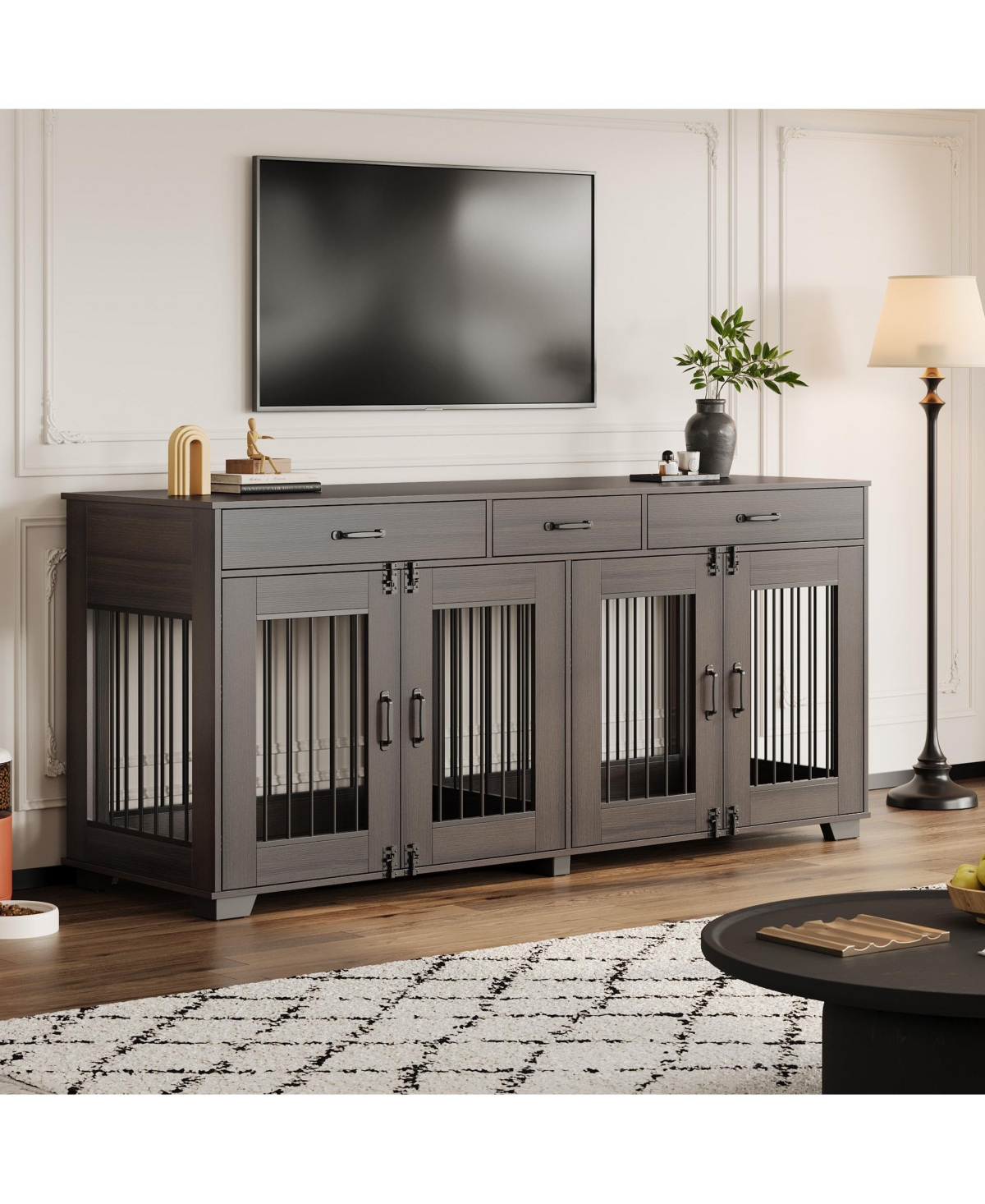 gaomon 71" Large Wooden Dog Crate Tv Stand for 2 Dogs, Indoor Furniture-Style Heavy Duty Kennel with Storage Drawers