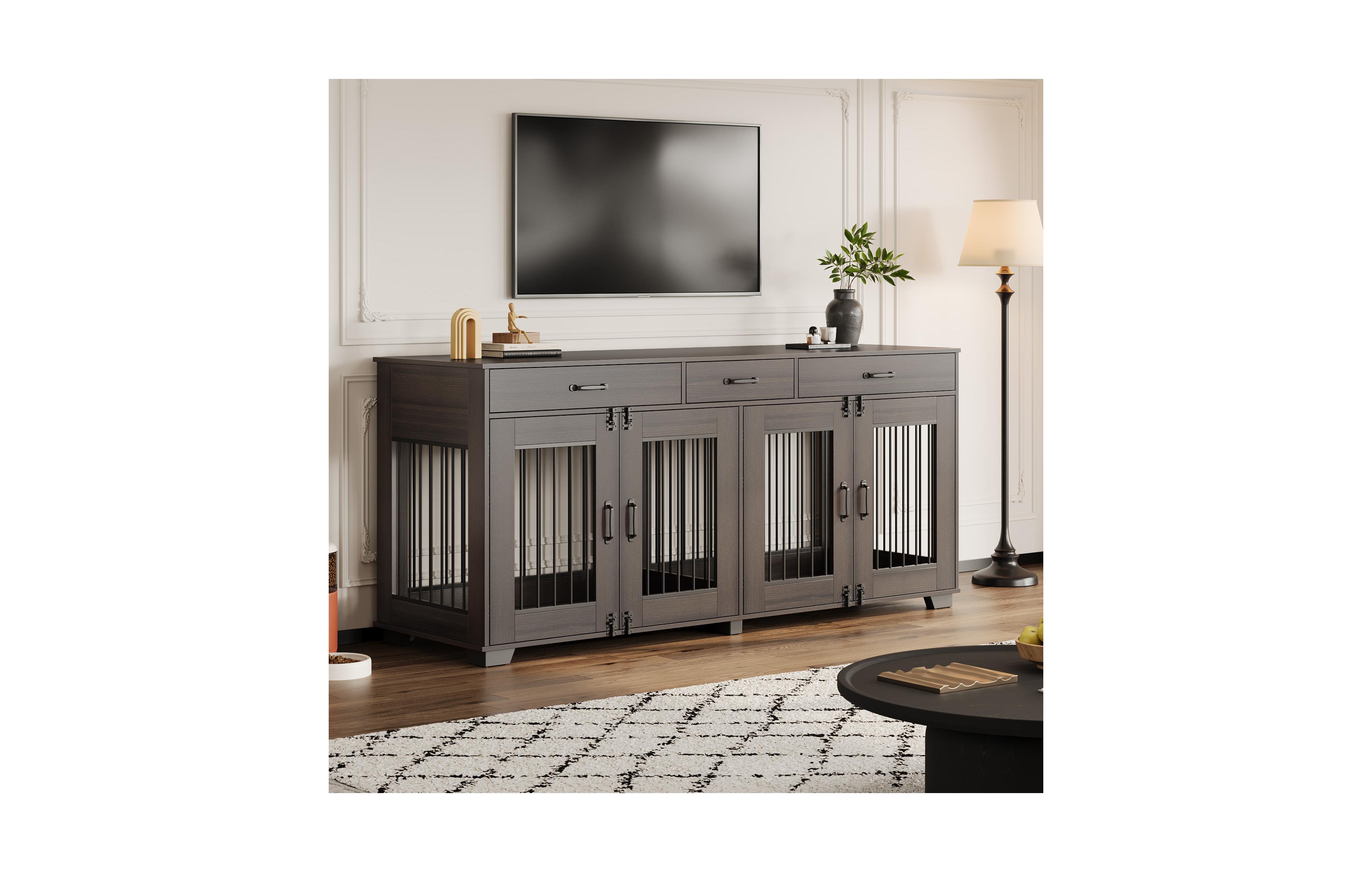 gaomon 71" Large Wooden Dog Crate Tv Stand for 2 Dogs, Indoor Furniture-Style Heavy Duty Kennel with Storage Drawers