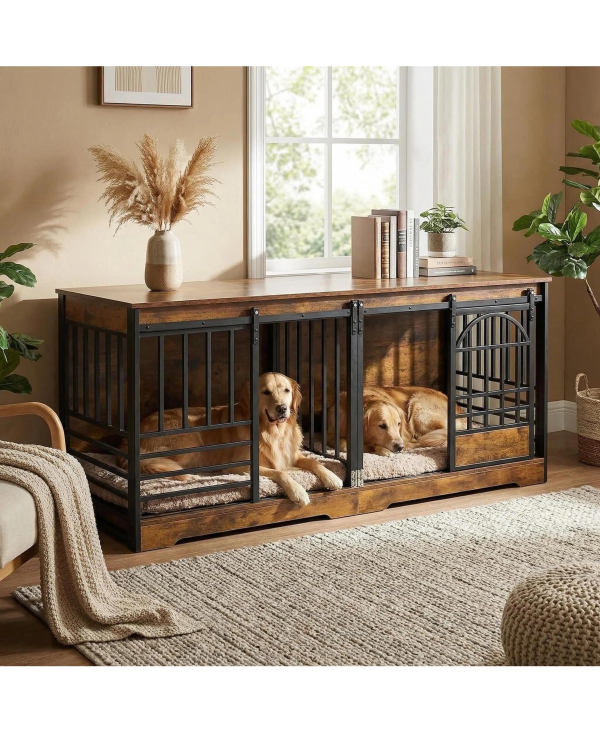homfan Double Dog Crate Furniture for Breeds, 78" Extra Large Heavy Duty Wooden Kennel Table and Tv Stand.