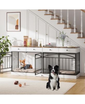 Double Dog Crate Furniture for 2 Small/Medium Dogs with Drawers, Doors, Feeding Bowls, Wooden Indoor Kennel & TV Stand